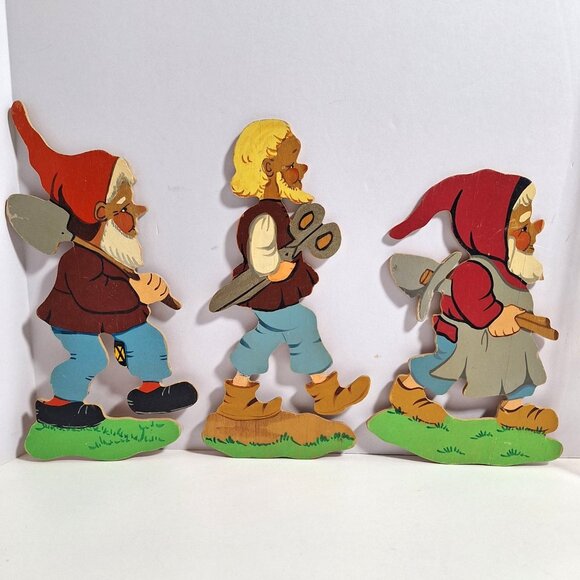 Handmade Other - Wooden Dwarf Hand Painted Wall Hanging 3 Decorative Vintage Dwarves Decor